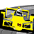 Yellow and blue racing car with black accents, featuring a red emblem on the hood, set against a dark background.