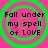 Four identical green concentric circles on a bright pink background with black text reading "Fall under my spell of LOVE" in pixelated font.
