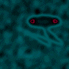 Three identical teal-colored figures with glowing red circular eyes appear in a -like arrangement against a dark teal background