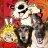 Pixelated image of a dog with light-colored fur holding an object in its mouth against a red and orange background.