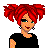 Pixel art icon of a stylized female character with red hair in high pigtails, wearing black clothing and checkered earrings against a white background.