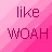 Pixelated text 'like' and 'WOAH' on a pink gradient background with diagonal light streaks.