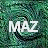 Two side-by-side animated frames of a buddy icon featuring the text "MAZ" over a pixelated green background with swirling motion effects.