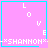 Pixelated pink square with cyan border containing "LOVE" text and "*SHANNON*" at bottom, featuring animated heart and star symbols in lower-right corner.