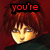 Pixelated anime-style character with reddish-brown hair and dark clothing against a red background, displaying text overlays in four