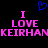 A static pixel art image with a black background, blue heart symbol above pink text reading "I LOVE KEIRHANKEIRHAN" in three lines.