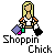 Pixel art of a blonde woman in a white crop top with orange accents holding shopping bags, below text reading 'Shoppin Chick' on white background.