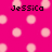 Pixelated pink background with light pink circles and black text reading 'Jessica' in blocky font.