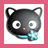 Pixelated black cat head with white inner ears, large circular eyes, orange nose, and cyan bow tie on a white background.