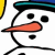 Pixelated snowman face with black dot eyes, carrot nose, and stick arms against white background.