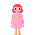 Pixelated character with pink hair and blue eyes in a pink dress, hands clasped at chest level.