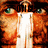 A pixelated image of a person in white clothing against an orange-brown background with green eyes, showing text changes across frames.