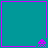 Four teal squares bordered by purple lines, each containing a purple pixelated alien at a corner, with no visible animation changes.