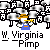Pixelated character with orange hair and blue overalls holding a yellow object, surrounded by repeating mushroom-like shapes on gray background.
