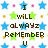 Pixelated image with blue, green, and orange stars surrounding brown text reading "I will always remember U" on white background.