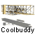 A 4-frame animated contact sheet showing a gray airplane icon with yellow and brown structural details, displayed above the text "Coolbuddy" on a transparent background.