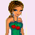 Pixel art contact sheet showing a cartoon woman in green top with red cherries, black skirt, and brown hair across multiple frames with text elements on pink background.