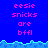 Pixelated blue background with pink text reading 'eesie snicks are bffl' repeated across three , separated by a light blue wave-like border