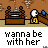 Pixel art animation showing a character's emotional journey from bedroom to desk, with repeated text 'wanna be with her' and multiple sad face icons.