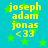 A static digital image with yellow text and green stars on a cyan background, displaying four identical copies of the name "joseph adam jonas" followed by "><33".