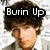 A four- shows a person with curly brown hair in gray clothing against a patterned background, with text overlays reading "Burin Up" and "For You Baby!!"