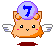 Pixelated cartoon character with orange fur, white wings, and a purple orb displaying blue Hebrew letter 'ז' on its head.