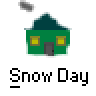 Pixelated green house icon with snow-covered roof and base, yellow windows, gray door, and smokestack on a gray background, shown in two animation frames with subtle vertical position changes.