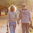 A contact sheet of five animated frames showing a yellow background with black text and pink heart symbols, alongside a small blurred photo of two people walking in a park.