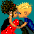 Pixelated image of two people kissing, one in red dress with white dots, the other in blue shirt, against teal background with text fragments.