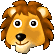 Pixelated lion head with brown mane, orange face, black nose, and white eyes; left view shows open eyes, right view shows closed eyes.
