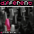 Pixelated image with pink and white text at top, dark abstract background, and pink and white shapes below.
