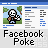 Pixelated cartoon character in blue pants and white shirt holding a brown object, displayed on a Facebook-themed interface with 'Facebook Poke' text below.