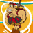 Pixelated cartoon character with red eyes and brown hair inside a white circular frame on orange background, next to blue with pixelated text