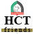 Pixelated icon features a bell-shaped emblem with green top, white center, and red base above bold black 'HCT' text and 'friends' on a beige bar.