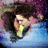 Pixelated image of a person with dark curly hair holding a yellow object near their face against a blue and purple gradient background.