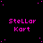 Black background with pink pixelated text 'Stellar Kart' repeated in a pattern, surrounded by scattered pink dots resembling stars