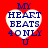 Red background with four identical heart-shaped icons containing blue text reading "MY HEART BEATS 4 ONLY U" in a pixelated font.