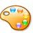 Pixelated art palette icon with brown border, six colored paint blobs, and a hole on the left side against a gray background.