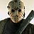 Pixelated static image of a person wearing a hockey mask with dark eye holes and brownish discoloration, holding a large knife-like object.