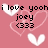 Pixelated pink background with white and pink heart outlines, black text reading 'i love you Joey <333' in a retro digital style.