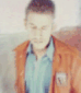 A person in an orange jacket and blue shirt appears to disintegrate into pixelated fragments