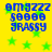 Yellow background with green stars and blue pixelated text reading 'omgzzz $0000 GRASSY' in four identical