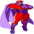 Pixelated character in red and purple costume with flowing cape, shown in two sequential poses against gray background.