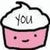 Two cartoon cupcakes with smiling faces, one pink labeled 'you' and one blue labeled 'me', next to a hand-drawn heart.