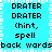 Pixelated cyan background with black text and white border , displaying repeated 'DRATER' words and 'hint, spell' phrases in a
