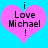 Two identical pink heart-shaped icons with black text "i Love Michael !" on a bright blue background, each containing one visible frame.