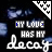 Black background with blue cloud-like shapes and white text reading "MY LOVE HAS MY decay" in mixed fonts, featuring a small triangular patterned corner element.