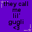 Purple background with repeated text 'they call me lil' gugli <3', stars, and dotted lines in white and light purple.