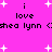 Pixelated text on a bright pink background with white starbursts, displaying 'i love shea lynn' in black block letters.