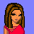 Pixel art buddy icon featuring a female character in red top and dark pants with text overlay on blue background